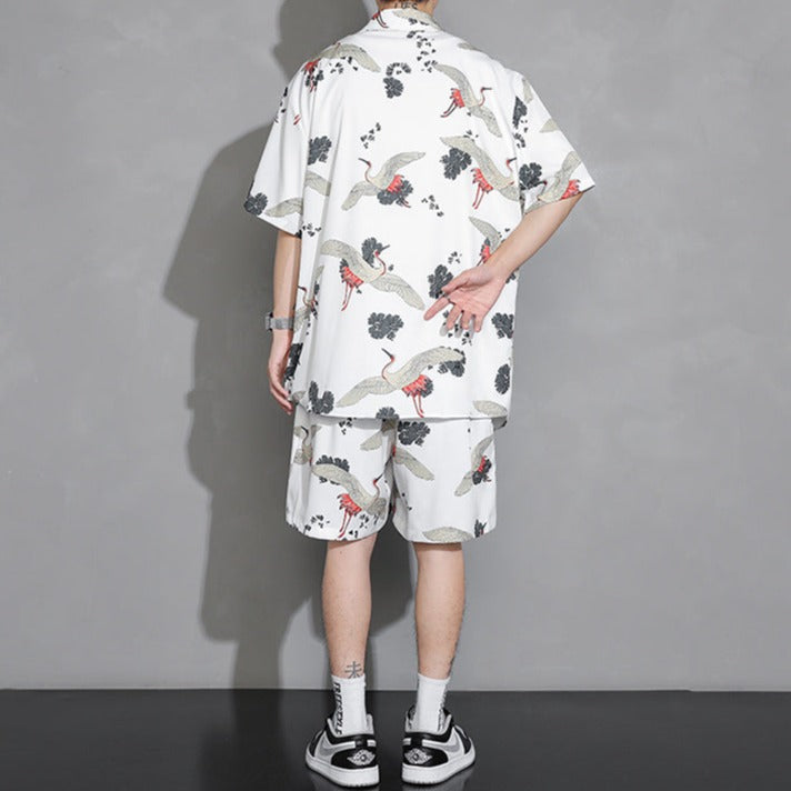 Men's Crane Print Shirt & Shorts Short Sleeve Shirt-Enchanted peach