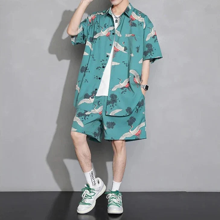 Men's Crane Print Shirt & Shorts Short Sleeve Shirt-Enchanted peach