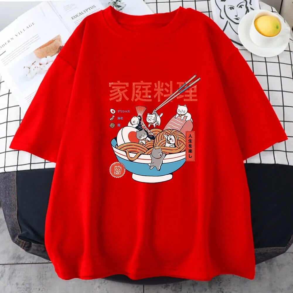 Mini Cats Ramen Women's Cotton Tee-Enchanted peach