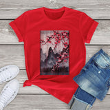 Misty mountains with Blushing Cherry Blossom Tee-Enchanted peach