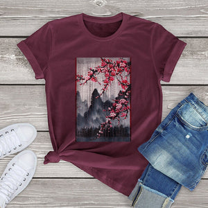 Misty mountains with Blushing Cherry Blossom Tee-Enchanted peach