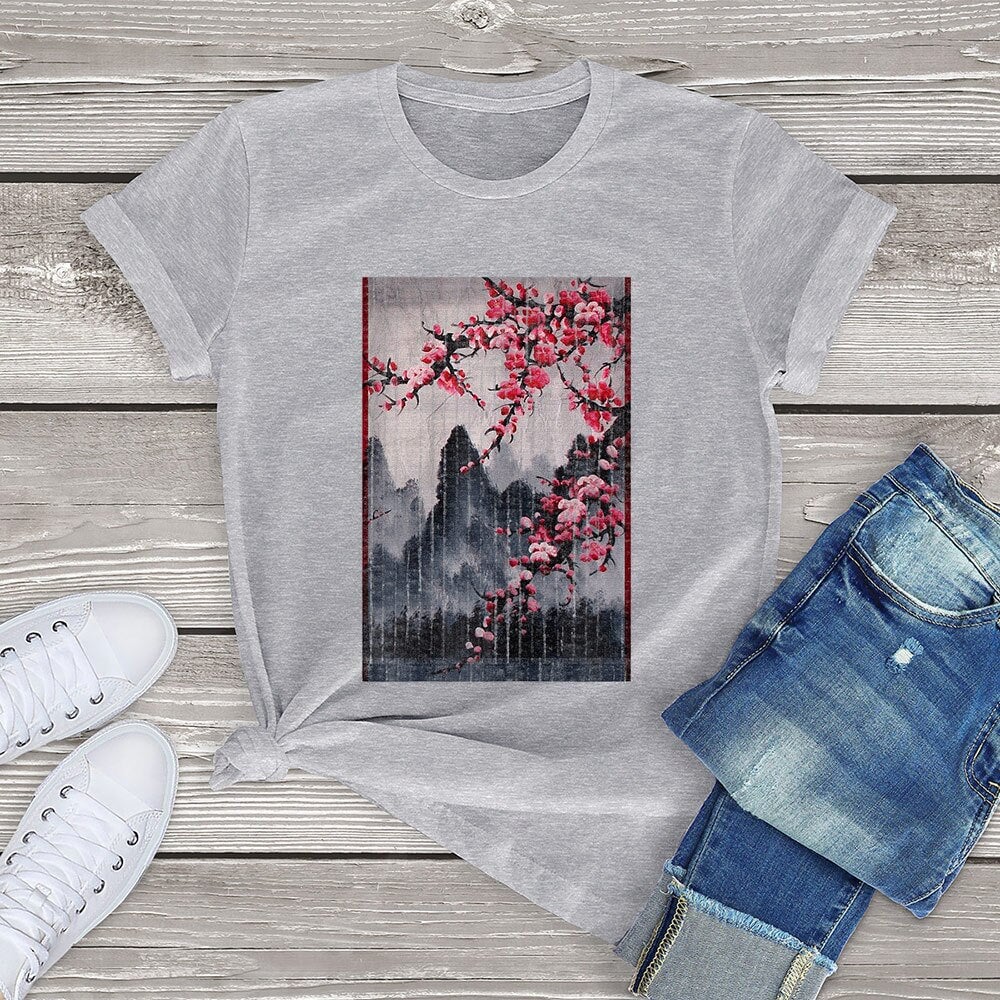 Misty mountains with Blushing Cherry Blossom Tee-Enchanted peach