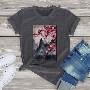 Misty mountains with Blushing Cherry Blossom Tee-Enchanted peach