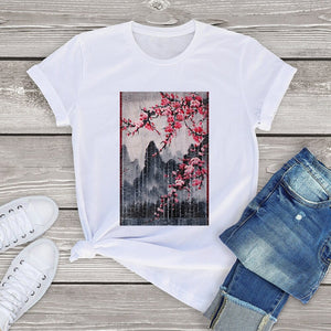 Misty mountains with Blushing Cherry Blossom Tee-Enchanted peach