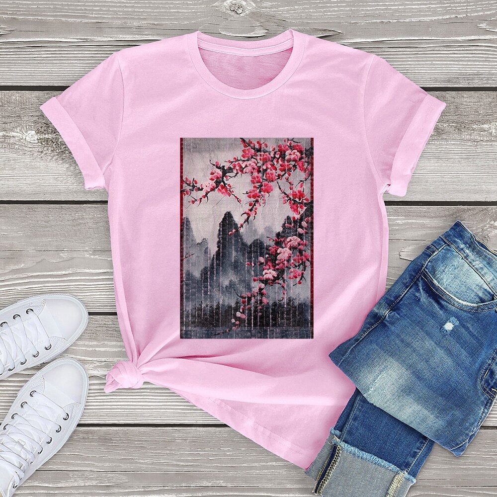 Misty mountains with Blushing Cherry Blossom Tee-Enchanted peach