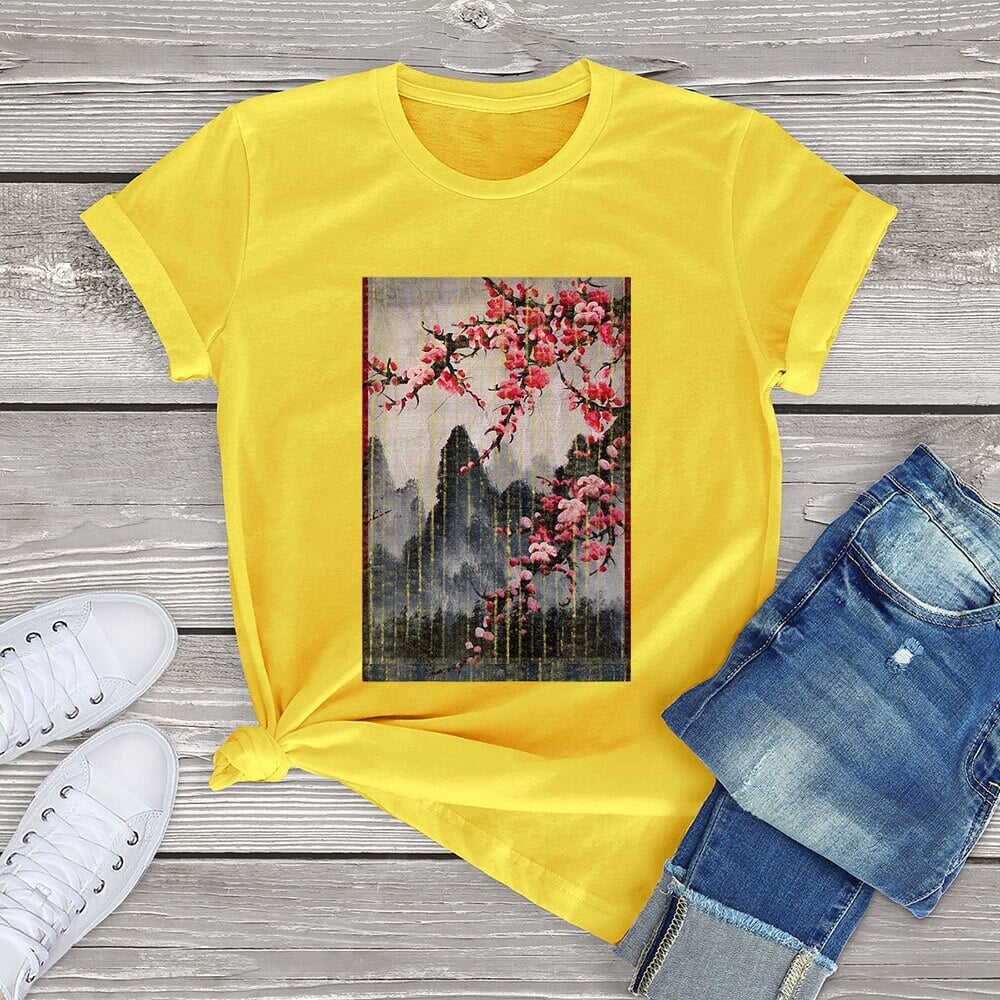 Misty mountains with Blushing Cherry Blossom Tee-Enchanted peach