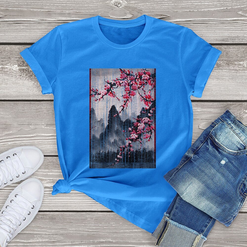 Misty mountains with Blushing Cherry Blossom Tee-Enchanted peach