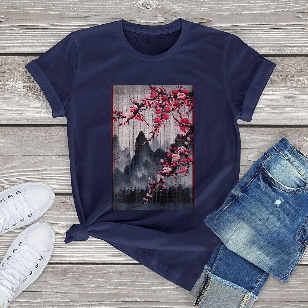 Misty mountains with Blushing Cherry Blossom Tee-Enchanted peach