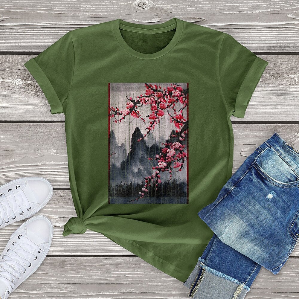 Misty mountains with Blushing Cherry Blossom Tee-Enchanted peach