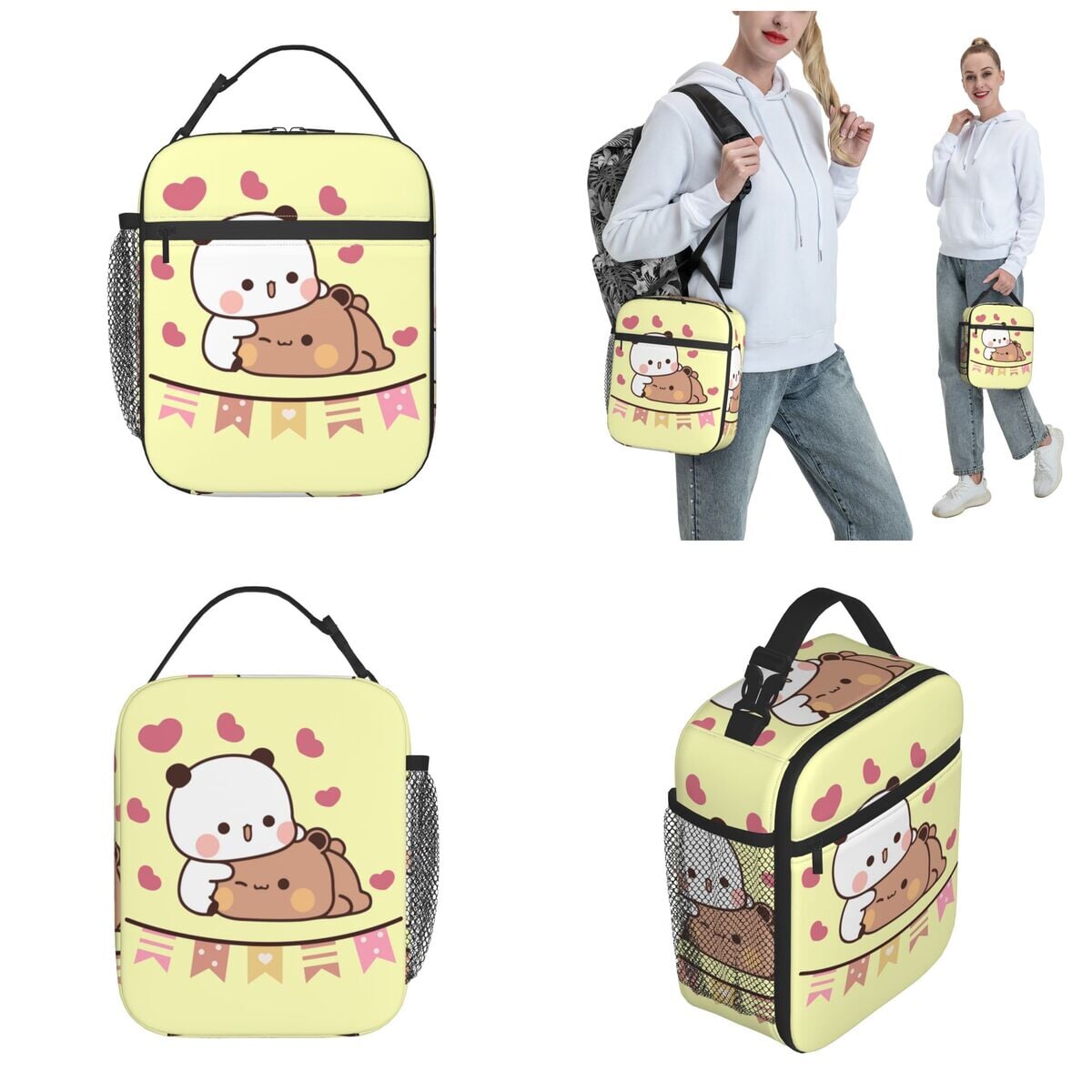 Mocha and Tofu Panda Bear Cuddle Love Lunch Bags-Enchanted peach