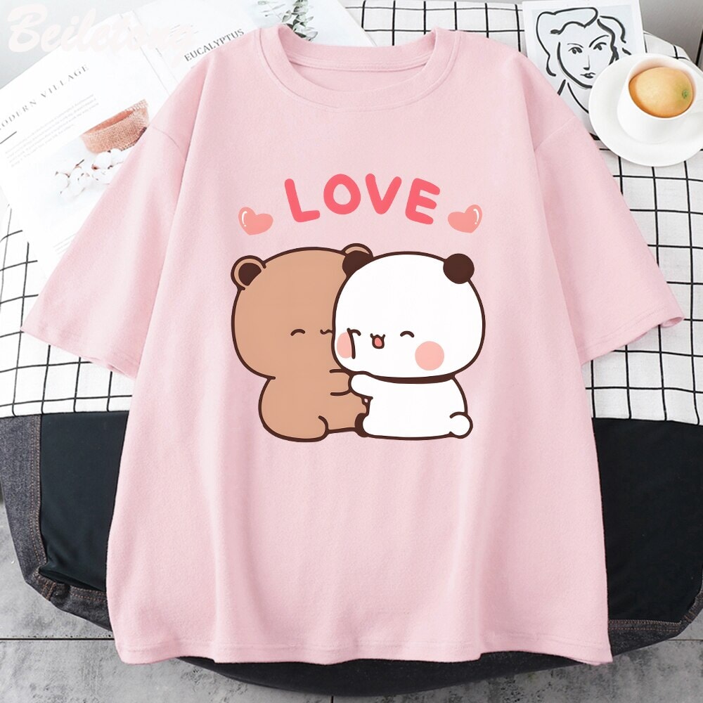 Mocha and Tofu Panda Bear Love Tee-Enchanted peach