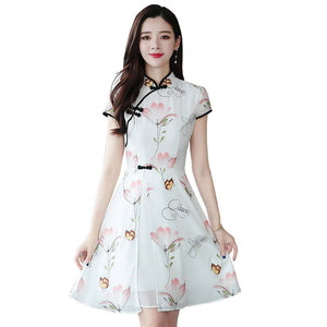 Modern Lotus Chiffon Qipao Cheongsam Dress-Enchanted peach