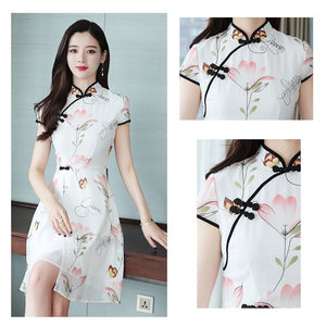 Modern Lotus Chiffon Qipao Cheongsam Dress-Enchanted peach