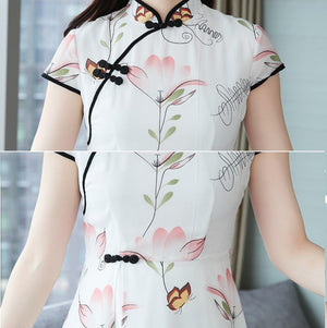 Modern Lotus Chiffon Qipao Cheongsam Dress-Enchanted peach