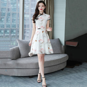 Modern Lotus Chiffon Qipao Cheongsam Dress-Enchanted peach