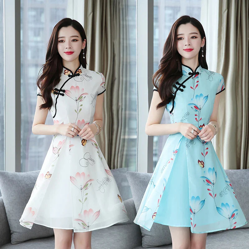 Modern Lotus Chiffon Qipao Cheongsam Dress-Enchanted peach