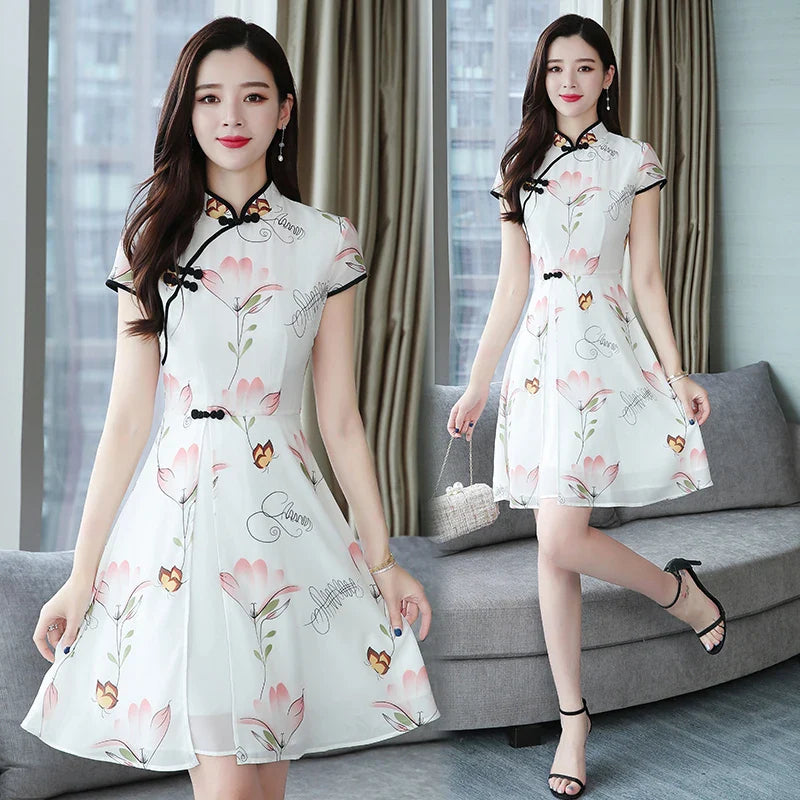 Modern Lotus Chiffon Qipao Cheongsam Dress-Enchanted peach