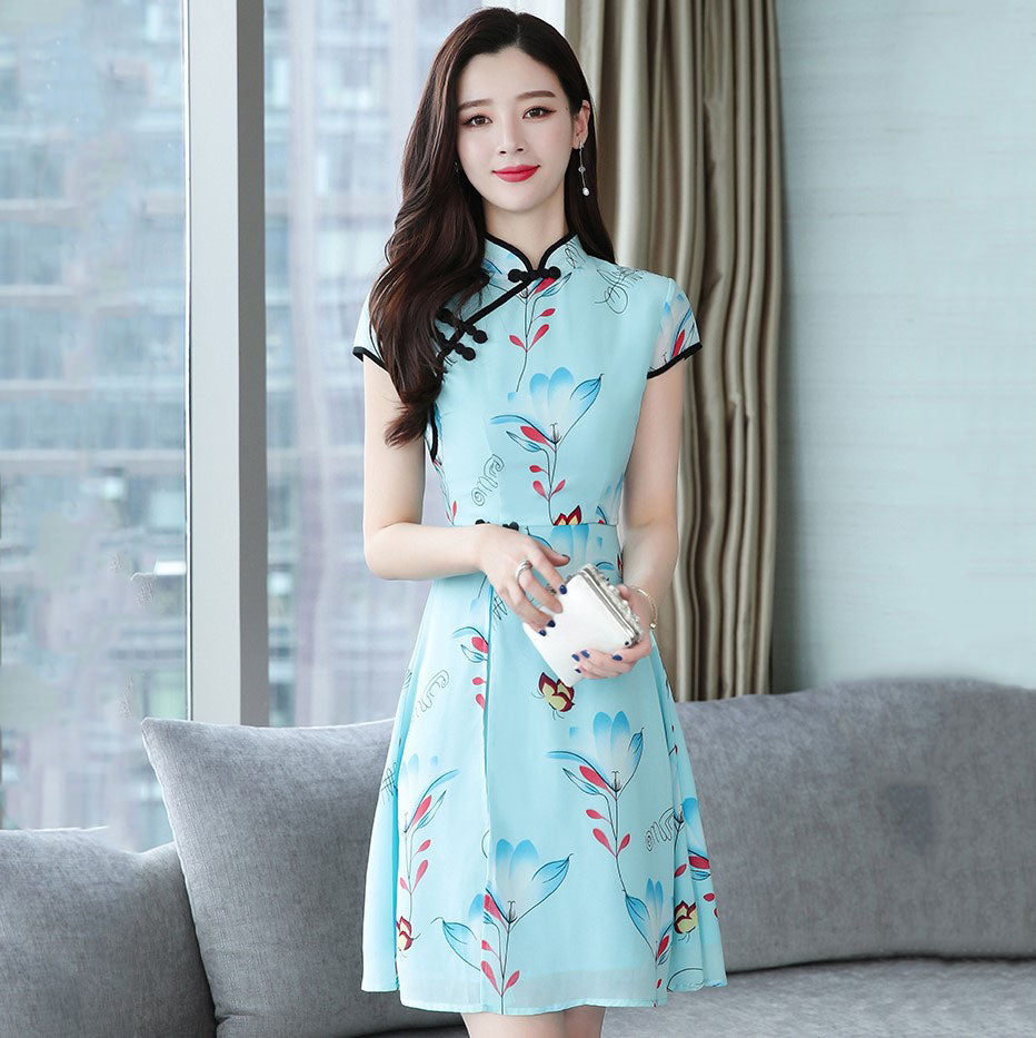 Modern Lotus Chiffon Qipao Cheongsam Dress-Enchanted peach