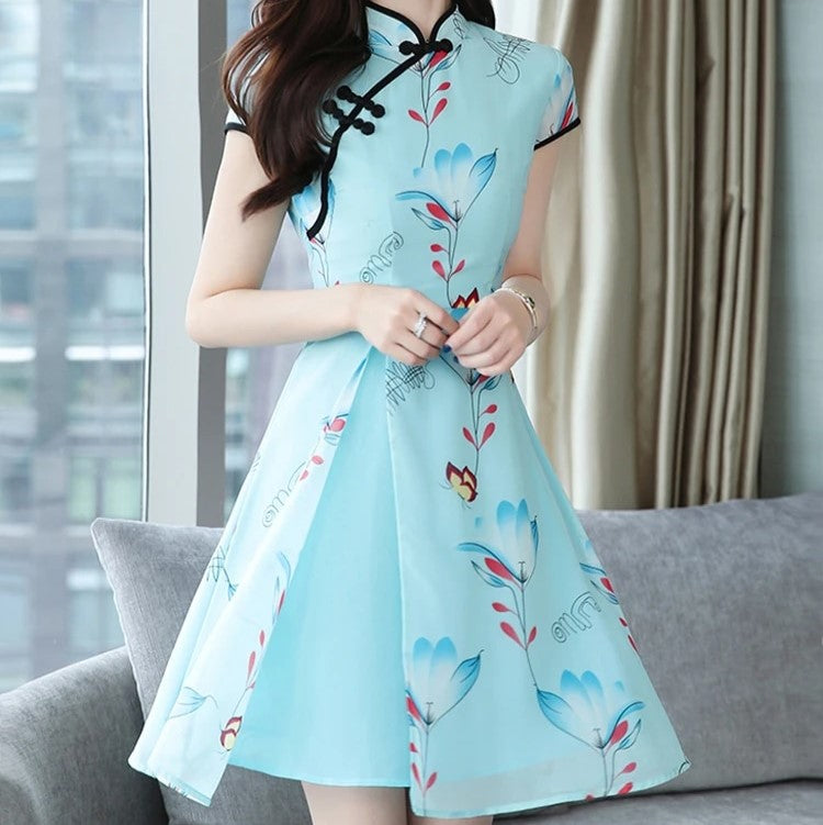 Modern Lotus Chiffon Qipao Cheongsam Dress-Enchanted peach