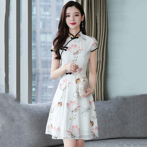 Modern Lotus Chiffon Qipao Cheongsam Dress-Enchanted peach