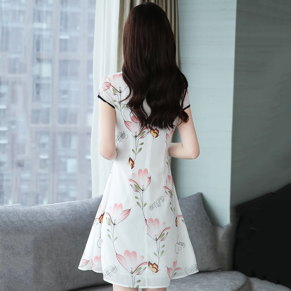 Modern Lotus Chiffon Qipao Cheongsam Dress-Enchanted peach