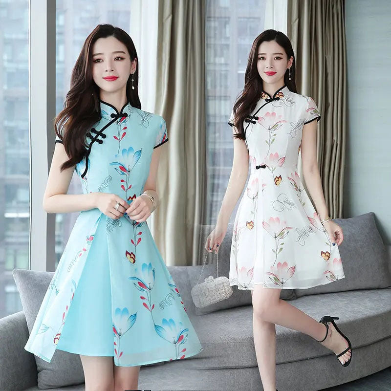 Modern Lotus Chiffon Qipao Cheongsam Dress-Enchanted peach