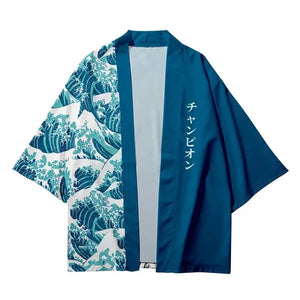 Navy Great Wave off Kanagawa Half Half Unisex Kimono-Enchanted peach