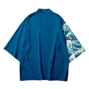 Navy Great Wave off Kanagawa Half Half Unisex Kimono-Enchanted peach