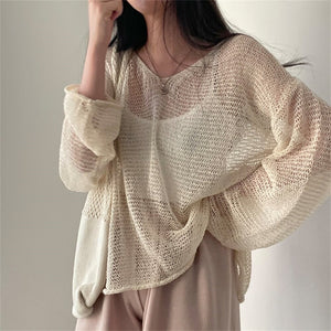 Netted Full Sleeve Loose Women's Jumper-Enchanted peach