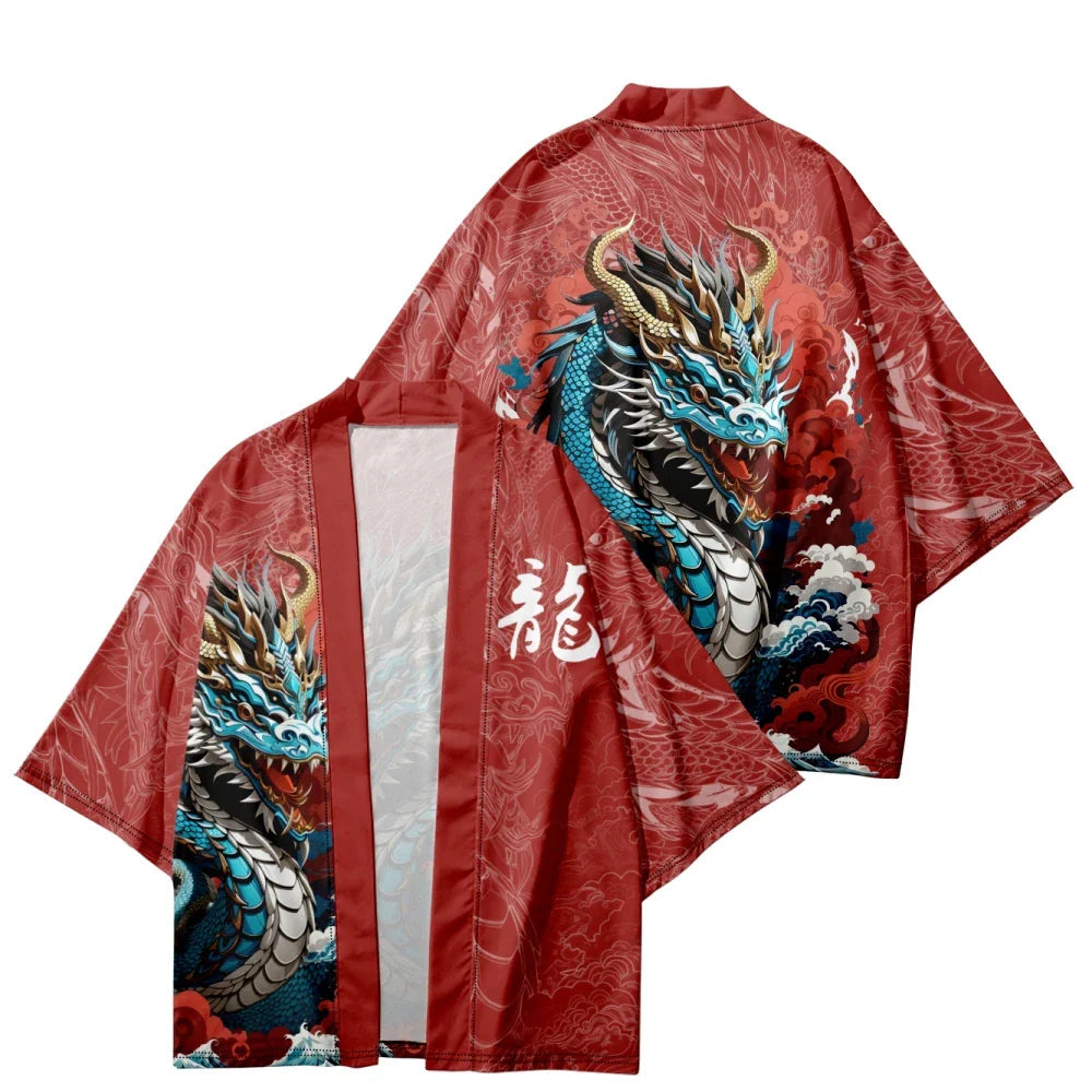 Ocean Dragon Red Unisex Kimono-Enchanted peach