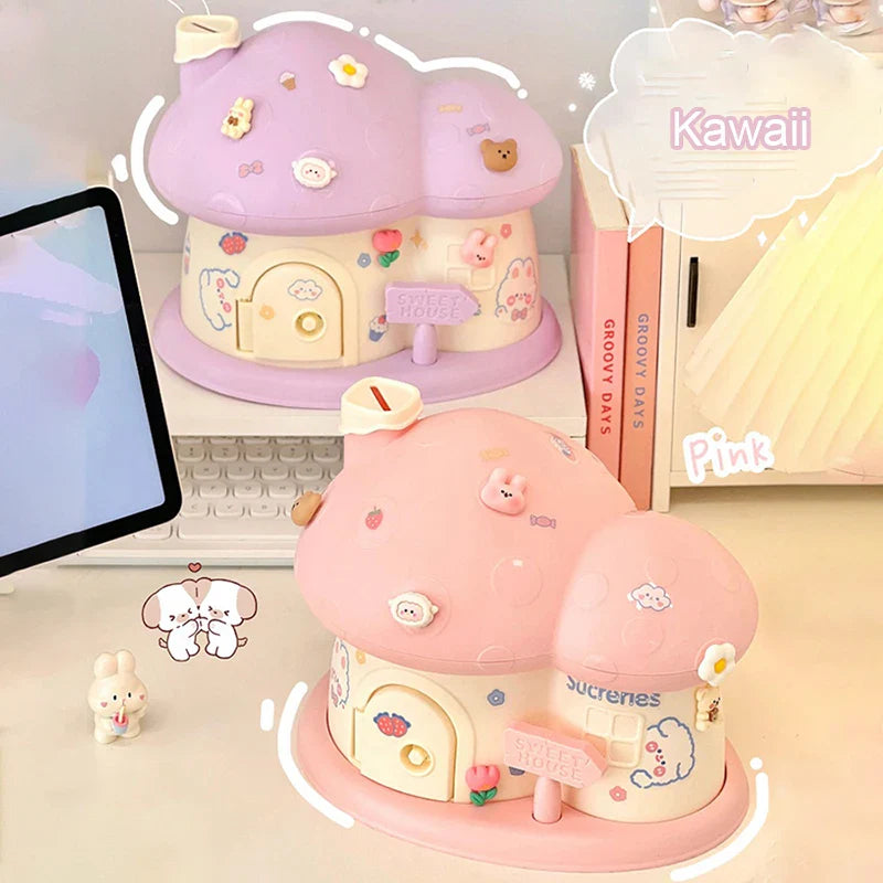 Pastel Mushroom House Piggy Bank-Enchanted peach