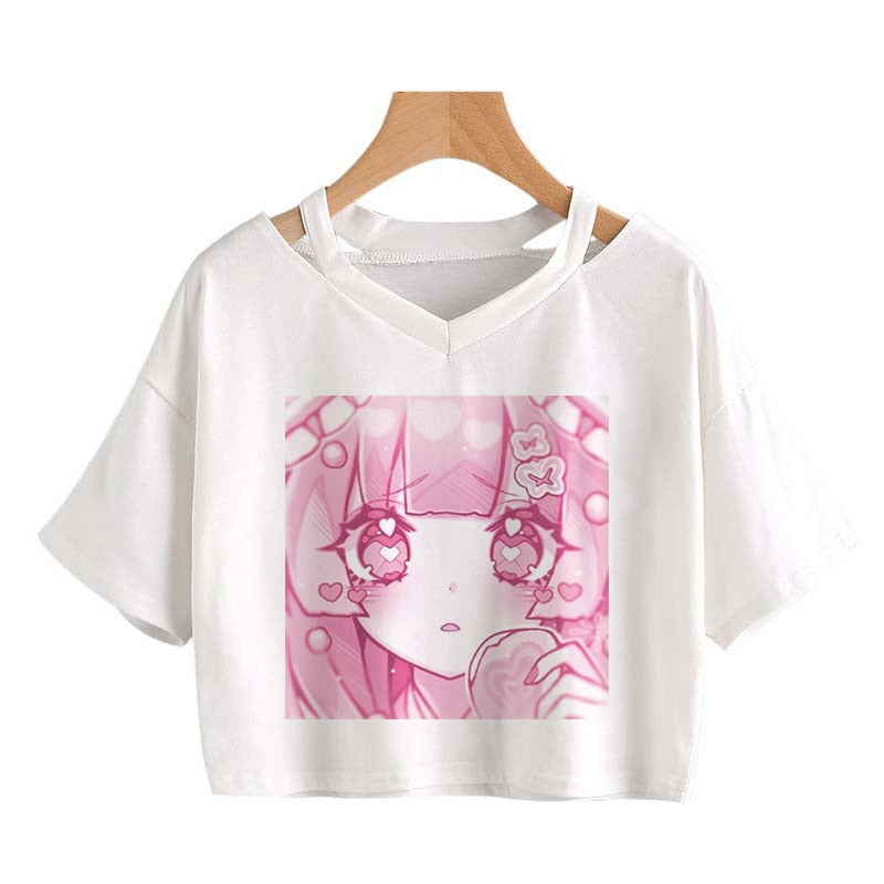 Pink Anime Girl Graphic V-neck Crop Top-Enchanted peach