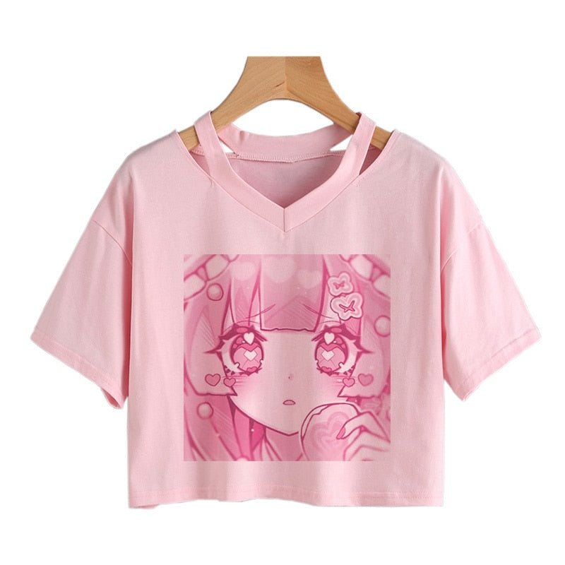 Pink Anime Girl Graphic V-neck Crop Top-Enchanted peach