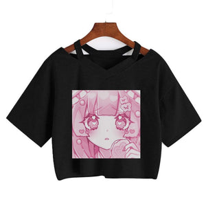 Pink Anime Girl Graphic V-neck Crop Top-Enchanted peach