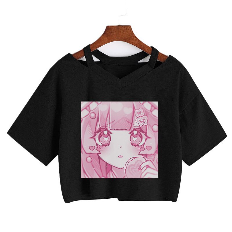 Pink Anime Girl Graphic V-neck Crop Top-Enchanted peach