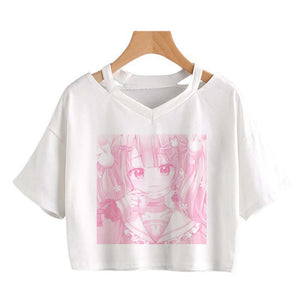 Pink Anime Girl Print V-neck Crop Top Tee-Enchanted peach