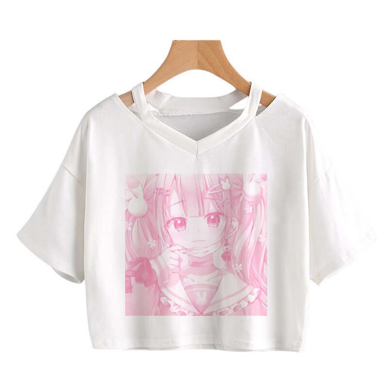 Pink Anime Girl Print V-neck Crop Top Tee-Enchanted peach