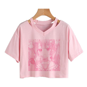 Pink Anime Girl Print V-neck Crop Top Tee-Enchanted peach