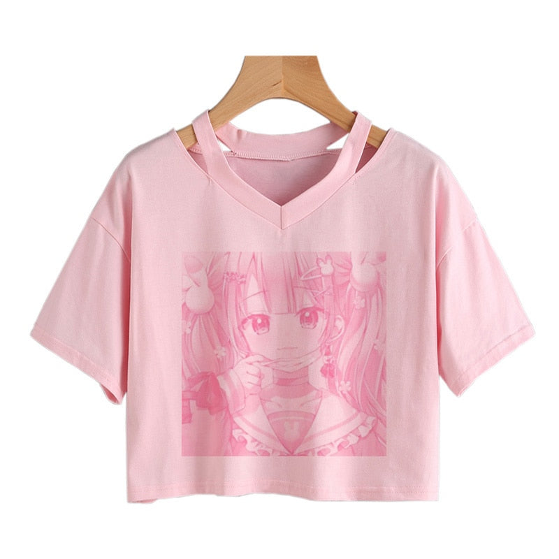 Pink Anime Girl Print V-neck Crop Top Tee-Enchanted peach