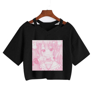 Pink Anime Girl Print V-neck Crop Top Tee-Enchanted peach