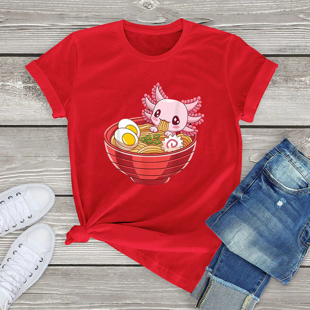 Pink Axolotl Bathing in Ramen Tee-Enchanted peach