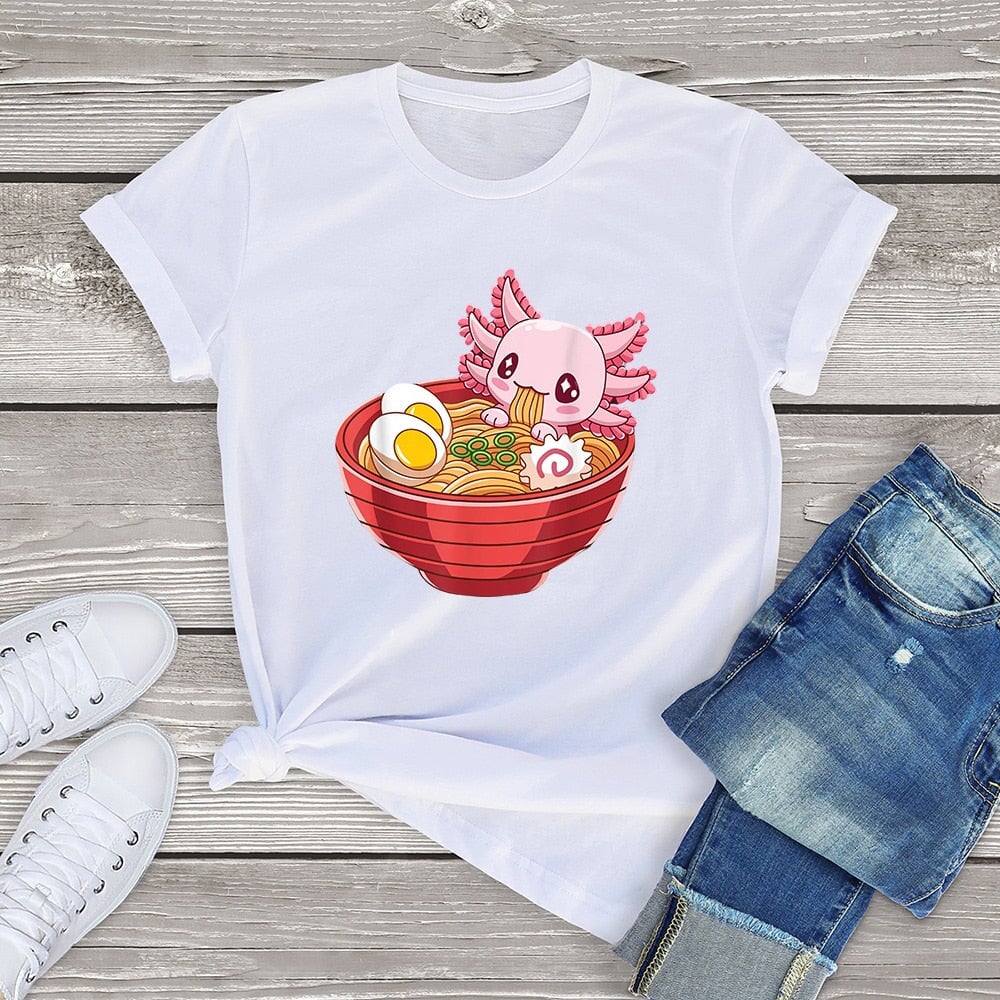 Pink Axolotl Bathing in Ramen Tee-Enchanted peach