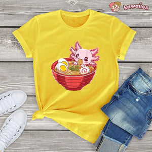 Pink Axolotl Bathing in Ramen Tee-Enchanted peach