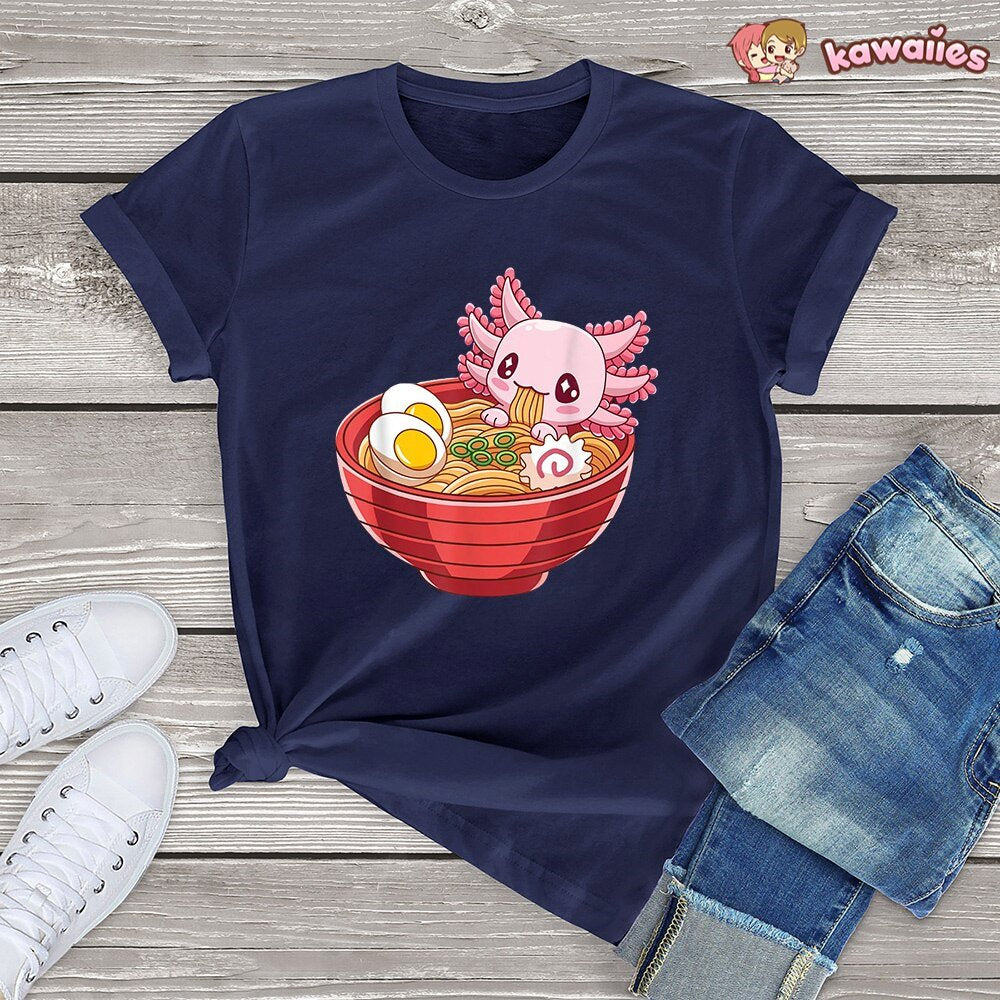 Pink Axolotl Bathing in Ramen Tee-Enchanted peach