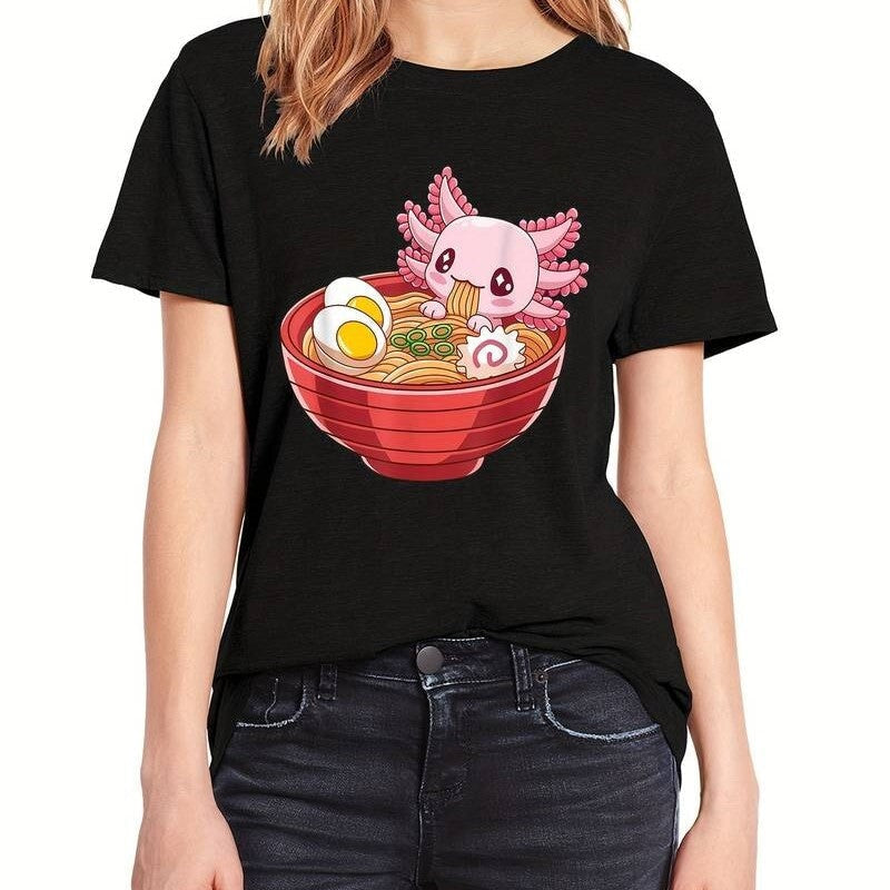 Pink Axolotl Bathing in Ramen Tee-Enchanted peach