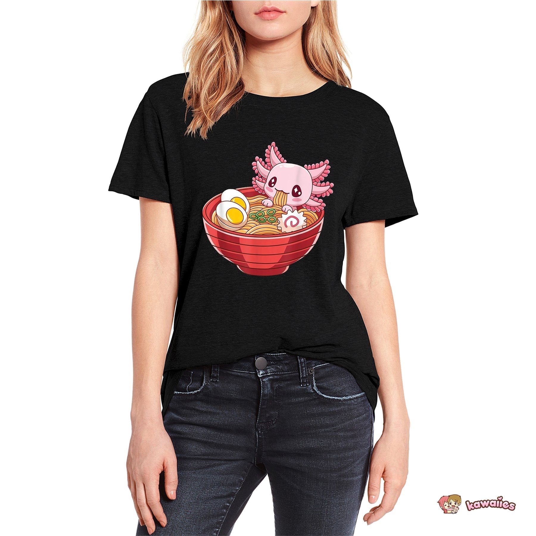 Pink Axolotl Bathing in Ramen Tee-Enchanted peach