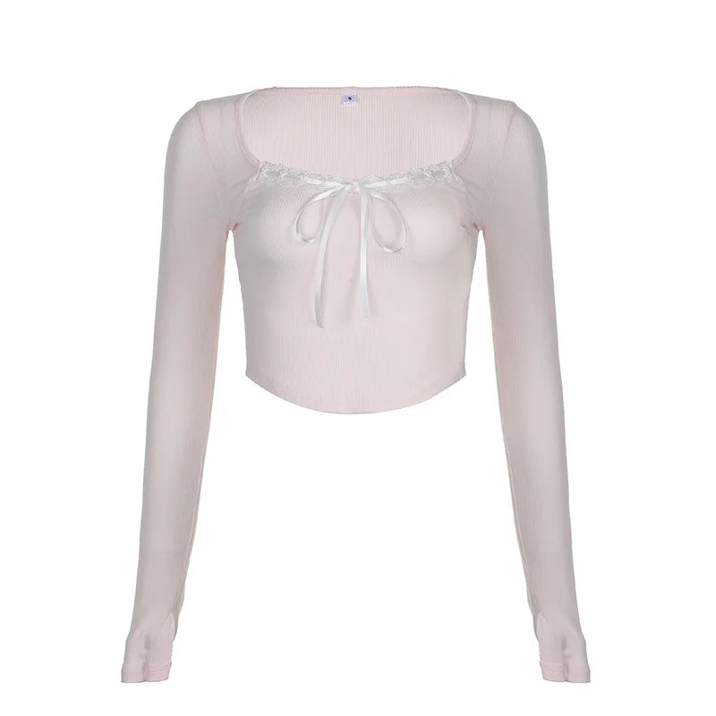 Pink Black Ribbon Laced Long Sleeve Women's Top-Enchanted peach