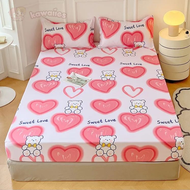 Pink Blue Kawaii Bear Polyester Bedsheet Only-Enchanted peach