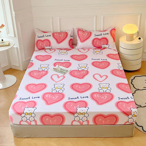 Pink Blue Kawaii Bear Polyester Bedsheet Only-Enchanted peach