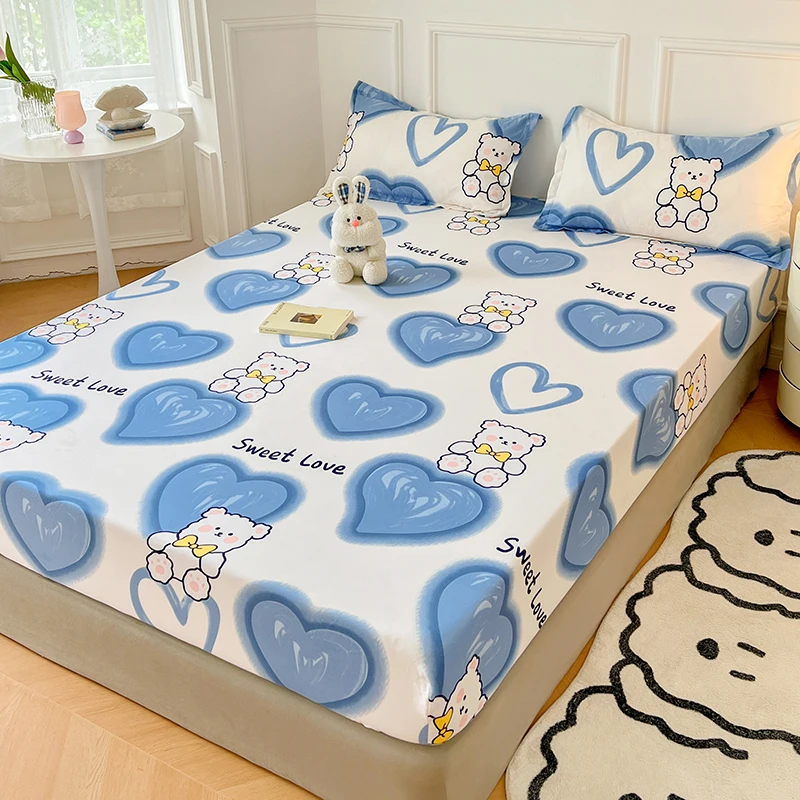 Pink Blue Kawaii Bear Polyester Bedsheet Only-Enchanted peach